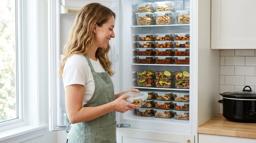 Organized glass containers stored in a refrigerator for meal prep